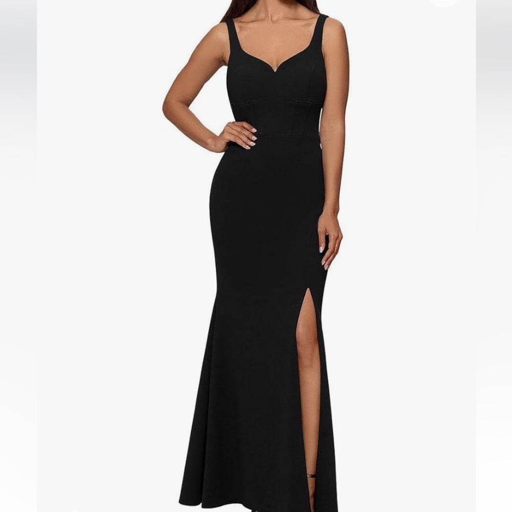XScape Black Stretch Crepe Sweetheart Full Length Formal Gown Long Dress